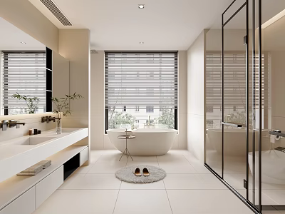 Modern Bathroom Interior With White Bathtub Glass Shower And Window Blinds 3d model