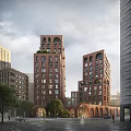 Modern Multi Story Office Building with Red Brick Arched Windows in Urban Setting and Trees