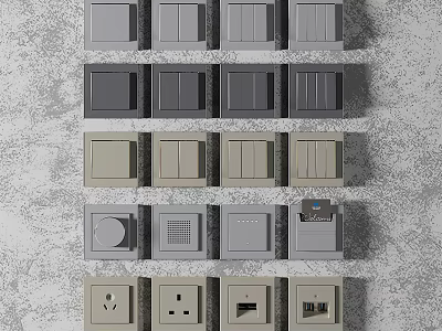 Different Types of Switch Panels in Gray Beige and Dark Shades with Socket Designs 3d model