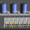 Industrial Equipment Featuring Multiple Blue Tanks With Neatly Arranged Pipes And Valves