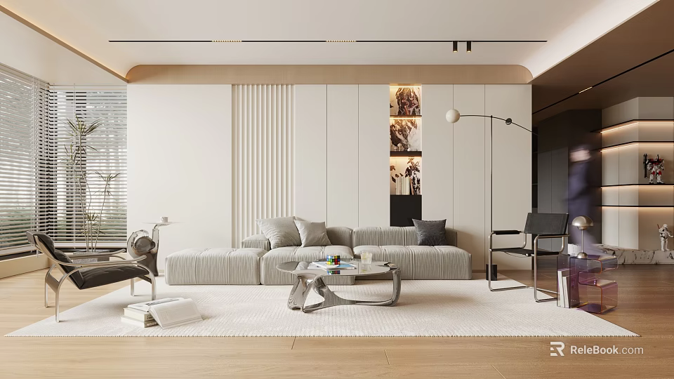 Modern Living Room With Light Gray Sofa Geometric Coffee Table Floor Lamp And Decorative Paintings 3d model 