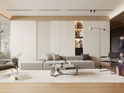 Modern Living Room With Light Gray Sofa Geometric Coffee Table Floor Lamp And Decorative Paintings 3d model