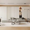 Modern Living Room With Light Gray Sofa Geometric Coffee Table Floor Lamp And Decorative Paintings