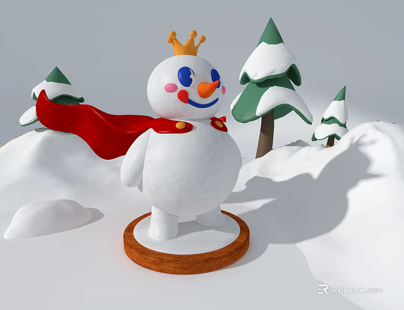 Festive Window Display Featuring Snowman With Crown Red Cape Wooden Base And Christmas Trees 3d model 