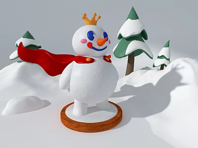 Festive Window Display Featuring Snowman With Crown Red Cape Wooden Base And Christmas Trees 3d model