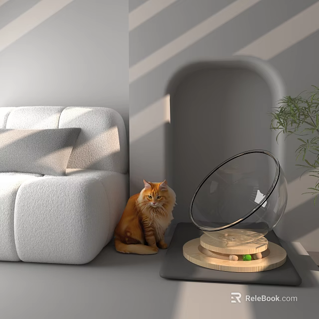 Transparent Spherical Indoor Pet Cage With Wooden Base Near Gray Sofa And Orange Cat 3d model 