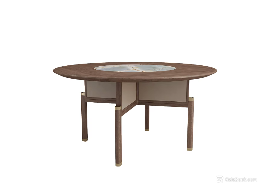 Elegant Round Dining Table With Wooden Frame And Marble Center Top Design 3d model