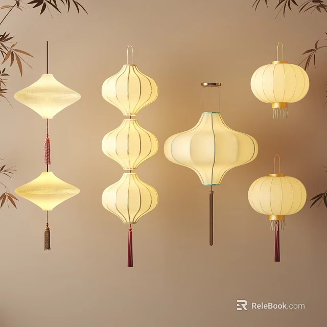 Traditional Oriental Lanterns With Various Shapes Bamboo Leaves And Warm Glow 3d model 