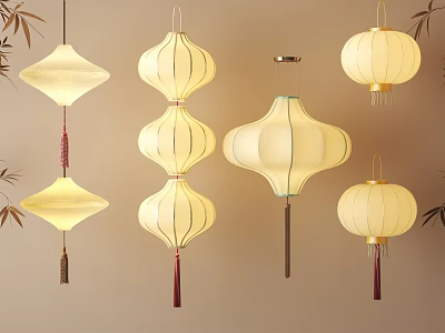 Traditional Oriental Lanterns With Various Shapes Bamboo Leaves And Warm Glow 3d model