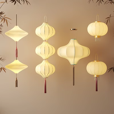 Traditional Oriental Lanterns With Various Shapes Bamboo Leaves And Warm Glow 3d model