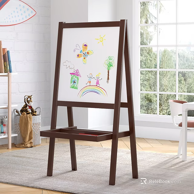 Wooden Kids Art Easel with Colorful Drawing Supplies and Bright Room Butterfly Sun Rainbow Artwork 3d model 