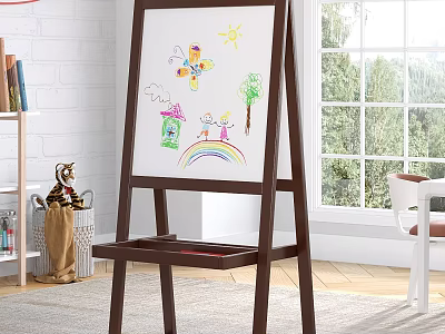 Wooden Kids Art Easel with Colorful Drawing Supplies and Bright Room Butterfly Sun Rainbow Artwork 3d model
