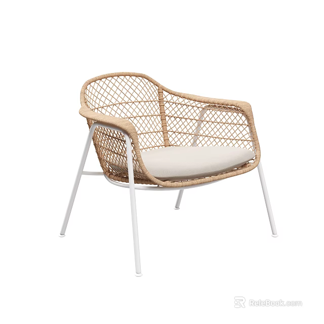 Stylish Rattan Leisure Chair With White Metal Frame And Cushioned Seat 3d model 
