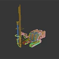Golden Tracked Engineering Vehicle With Long Drill Arm And Metallic Texture On Dark Background