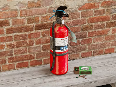 Red Fire Extinguisher On Wooden Bench Against Red Brick Wall With Matchbox And Matches 3d model