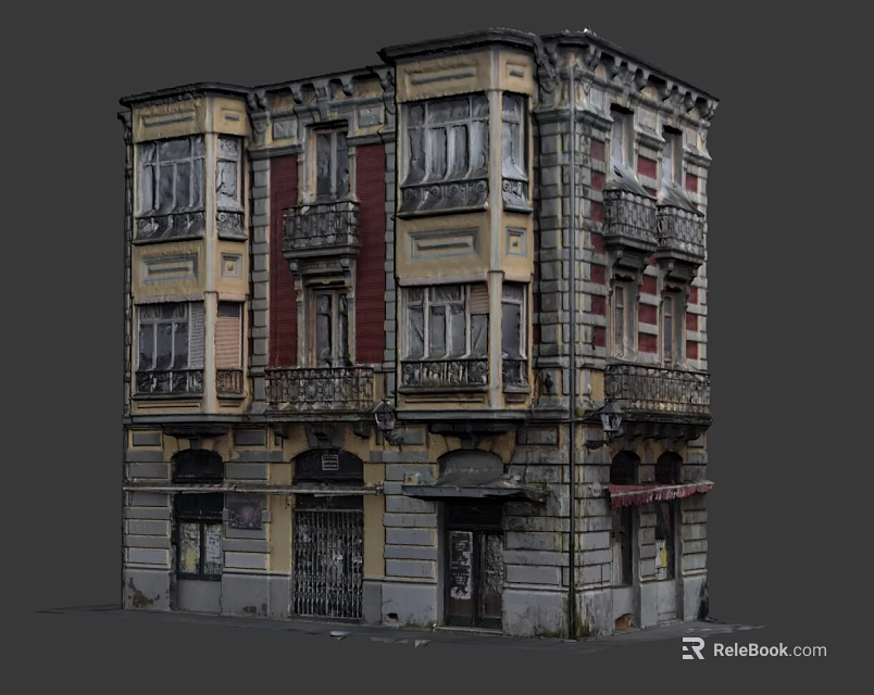 Cartoon Scene Of Vintage Old Building With Multiple Windows Balconies And Colorful Walls 3d model 