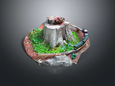 Miniature Model Scene Featuring Tree Stump Grass Track And Mini Train 3d model