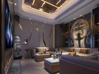Modern Luxury KTV Lounge Interior With Mural Art Sofa Tables And Wine Bottles 3d model