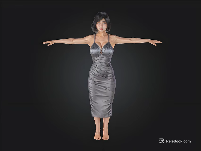 Woman In Silver Satin Dress With Arms Outstretched Against Black Background 3d model 