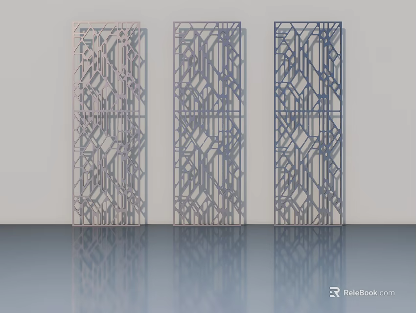 Decorative Laser Cut Screens With Geometric Patterns On Light Wall And Reflective Floor 3d model 