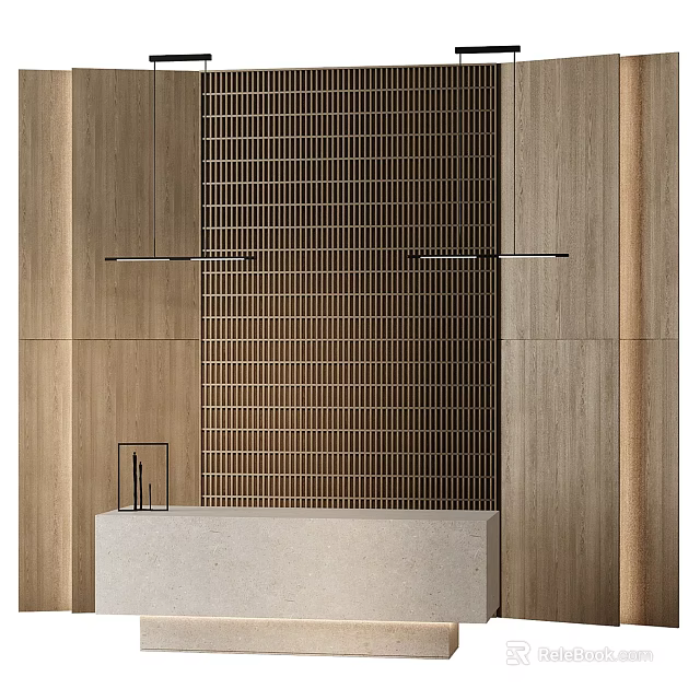 Elegant Modern Front Desk Reception With Stone Counter Wooden Panel And Metal Grid 3d model 