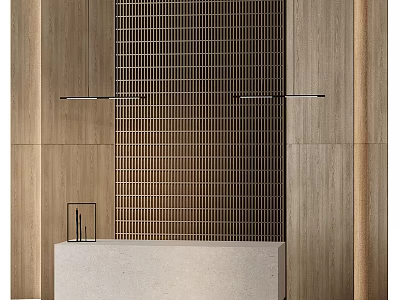 Elegant Modern Front Desk Reception With Stone Counter Wooden Panel And Metal Grid 3d model