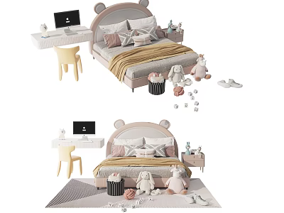 Adorable Children's Bed with Bear Ear Headboard Rabbit Plush Toys Desk Chair and Soft Rug 3d model