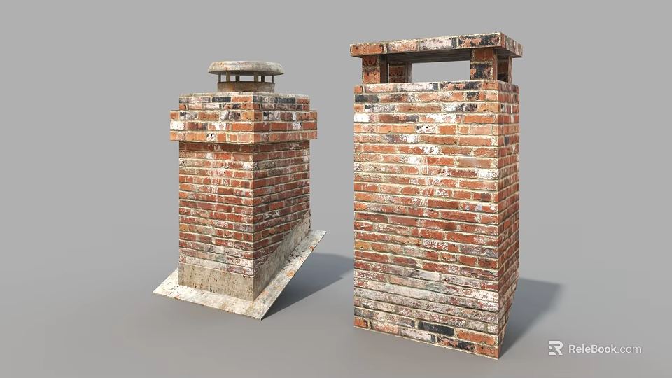 Rustic Red Brick Chimney Wall with Mixed Color Bricks and Top Vent Structure 3d model 