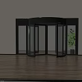 Modern Revolving Door With Black Frame Glass And Potted Plant On Wooden Floor