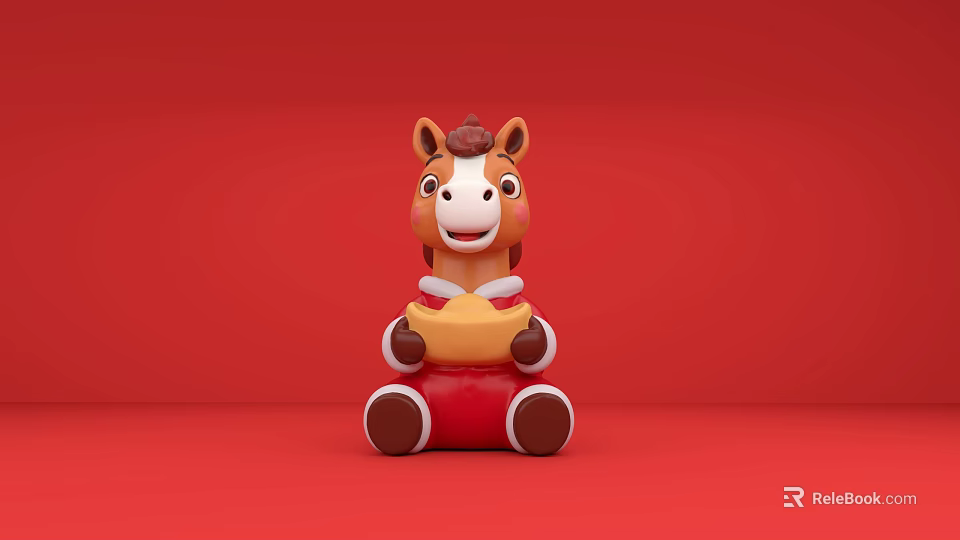 Cartoon Horse Art Installation Holding Yellow Object Brown White Body Red Pants Red Background 3d model 