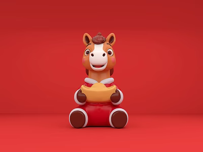 Cartoon Horse Art Installation Holding Yellow Object Brown White Body Red Pants Red Background 3d model