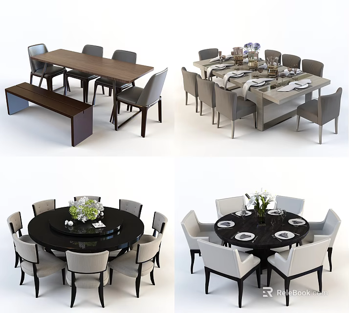 Modern Dining Table Set With Rectangular Round Tables Chairs Bench And Decorations 3d model