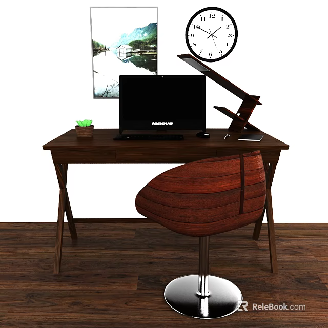 Modern Wooden Office Desk with Laptop Desk Lamp Clock Potted Plant and Chair 3d model 