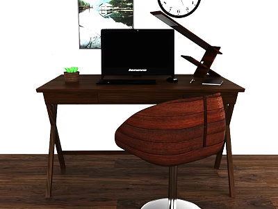 Modern Wooden Office Desk with Laptop Desk Lamp Clock Potted Plant and Chair 3d model