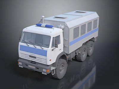 White Truck 3D Model With Blue Stripe Roof Lights And Multiple Wheels 3d model