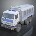 White Truck 3D Model With Blue Stripe Roof Lights And Multiple Wheels