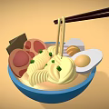 Delicious Ramen Bowl with Noodles Meat Slices Egg and Scallions Chopsticks Lifting Noodles