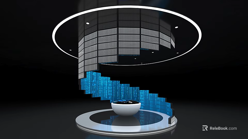Modern Spiral Computer Display System With Blue LED Screens And Circular Overhead Structure 3d model