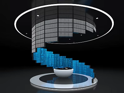 Modern Spiral Computer Display System With Blue LED Screens And Circular Overhead Structure 3d model