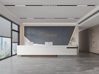 Modern Reception Area Interior Design With White Front Desk Gray Wall And Large Windows 3d model