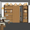 Modern Study Room Interior with Wooden Shelves Decorative Items Black Sculpture and Window Blinds