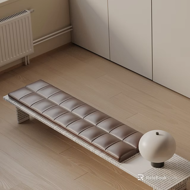 Modern Brown Leather Tufted Bench On Wooden Floor With White Spherical Decor 3d model 