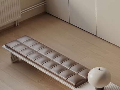 Modern Brown Leather Tufted Bench On Wooden Floor With White Spherical Decor 3d model