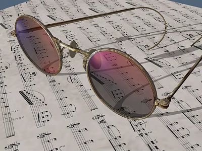 Jewelry Sunglasses With Gold Frame Round Shape Gradient Lenses On Sheet Music With Musical Notes 3d model