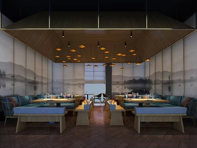 Modern Restaurant Interior With Wooden Ceiling Pendant Lights Landscape Murals And Booth Seating 3d model