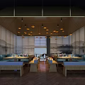 Modern Restaurant Interior With Wooden Ceiling Pendant Lights Landscape Murals And Booth Seating
