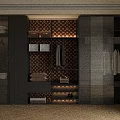 Modern Wardrobe Design With Multiple Storage Compartments Clothing Shoes And Decorative Patterned Backdrop