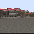 Hotel Building with Red Roof Multi Story Structure Large Glass Windows and Front Plaza Area