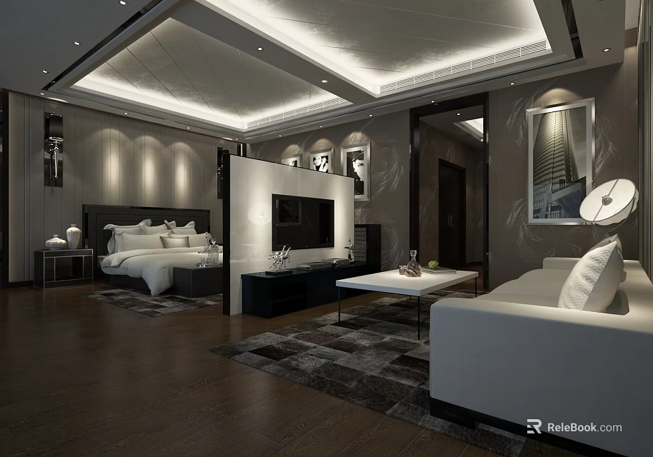 Modern Hotel Guest Room With King Bed Sofa TV And Area Rug Design 3d model 