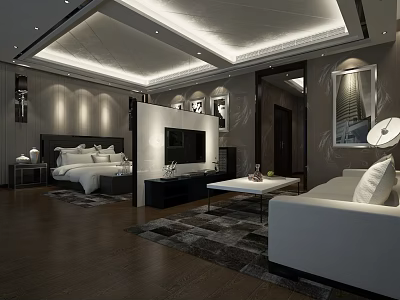 Modern Hotel Guest Room With King Bed Sofa TV And Area Rug Design 3d model